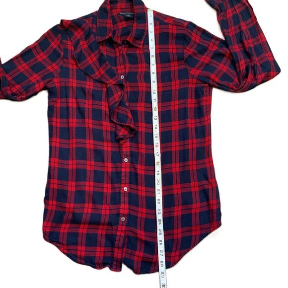 Banana Republic Red Navy Plaid Flannel Dillon Button Up Academia Ruffled Top Med - Picture 7 of 13